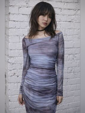 New Joe Fresh Mesh Ruched Bodycon Dress XS Blue Grey Long Sleeve Y2K Style